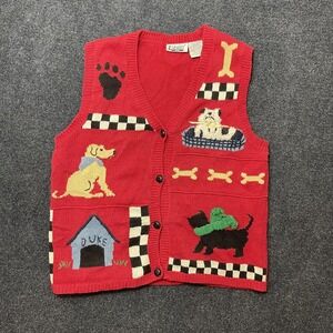 Vintage Capacity Sweater Vest Womens Petite Med Red Dog Animal Knit Button Front